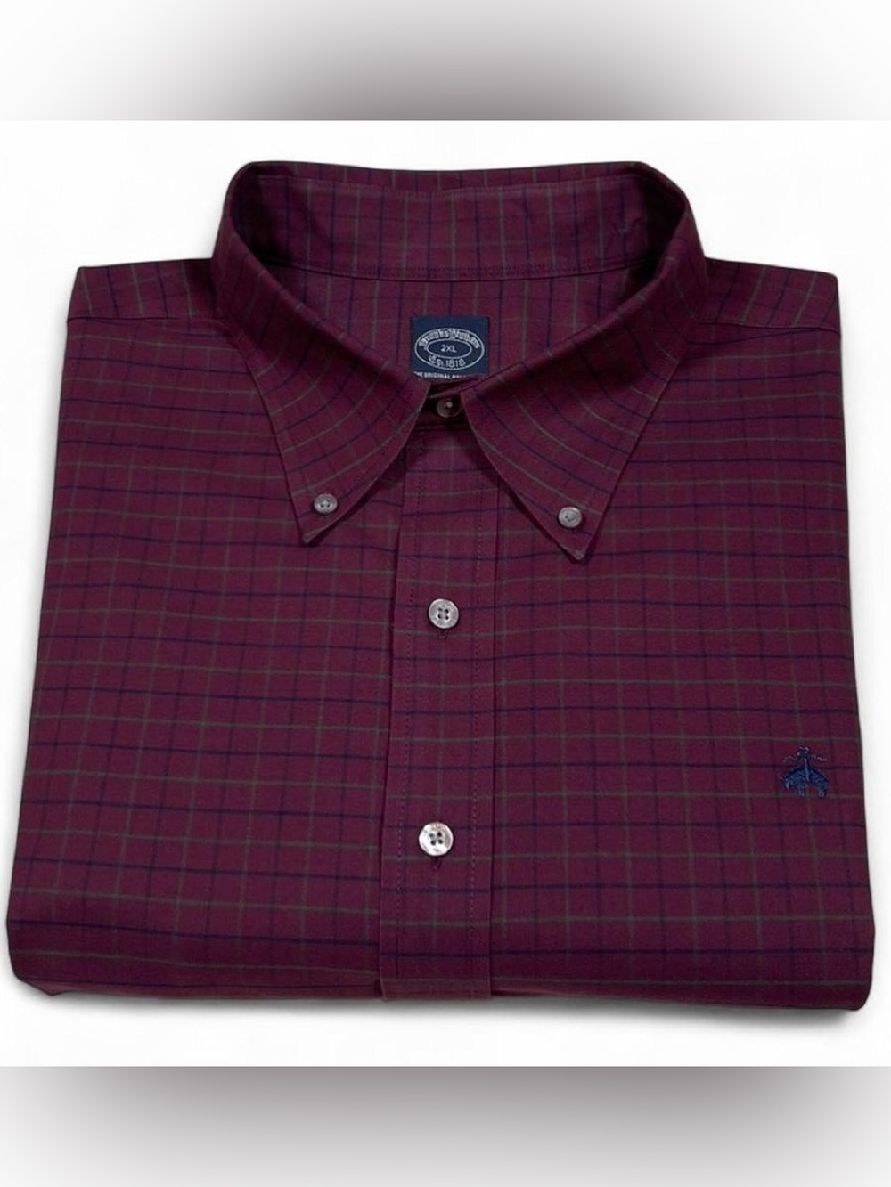 NWOT! Brooks Brothers 1818 Non-Iron Stretch Burgundy Check Dress Shirt Men's 2XL